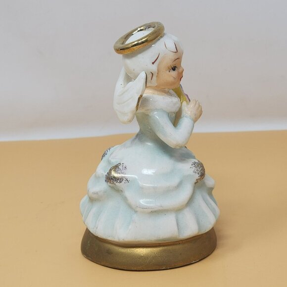 Vintage Ceramic Angel Figurine With Gold Accents Holding Flower Japan MCM - Picture 4 of 10